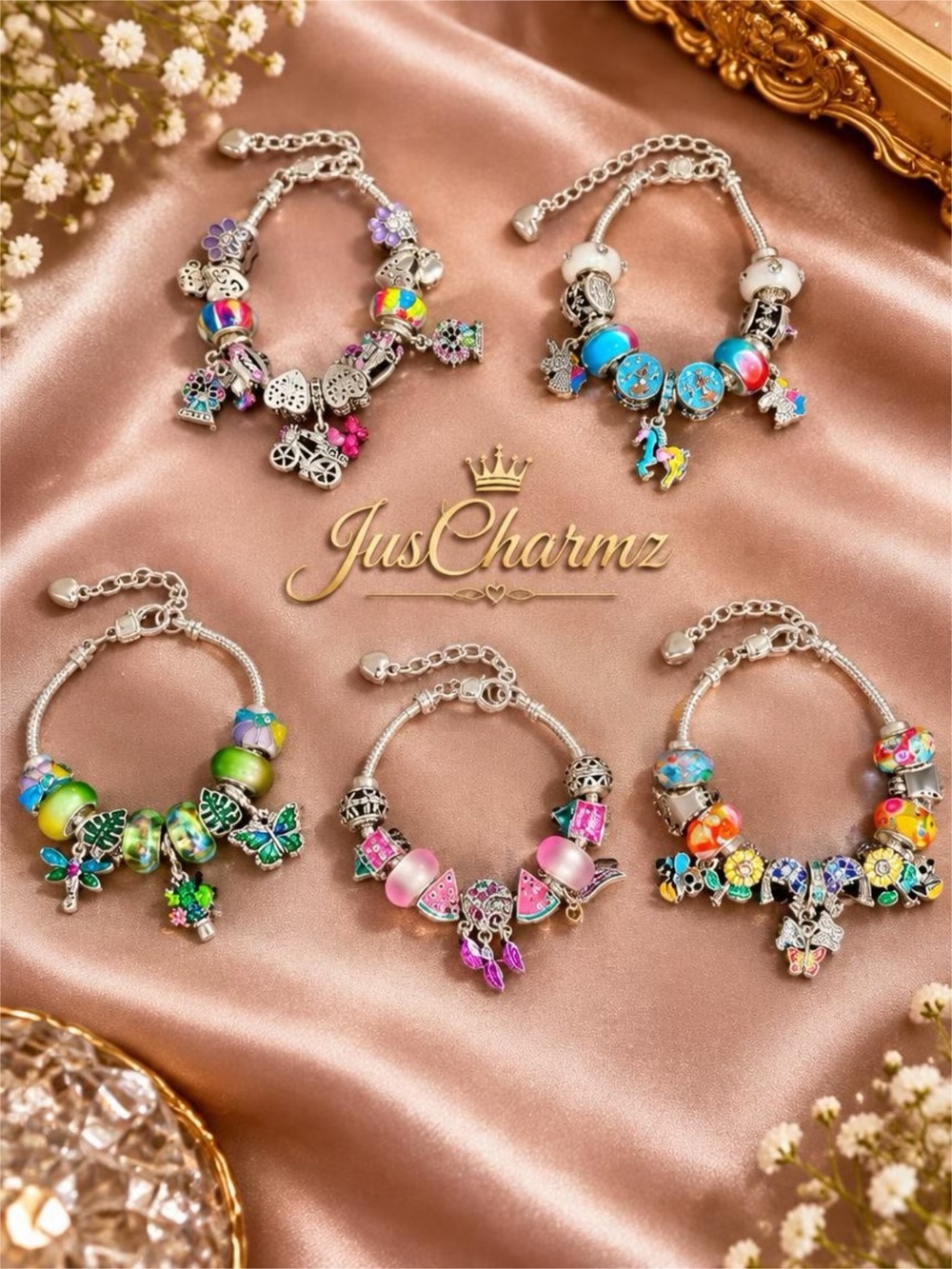 5-pc Silver Charm Bracelet Bundle | Adjustable Adult Size | Gift Set